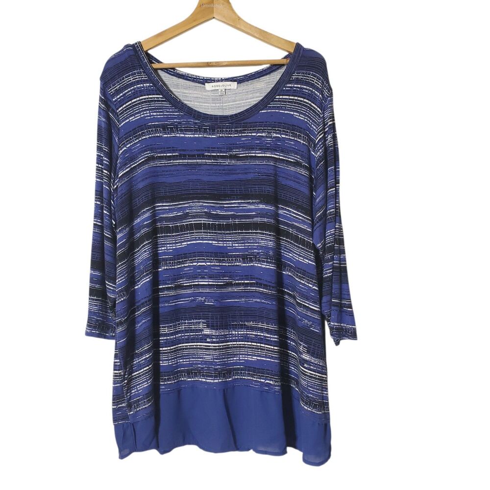 Rose & Olive Pullover Tunic Top 3X Button Back Relaxed Fit Blue Womens